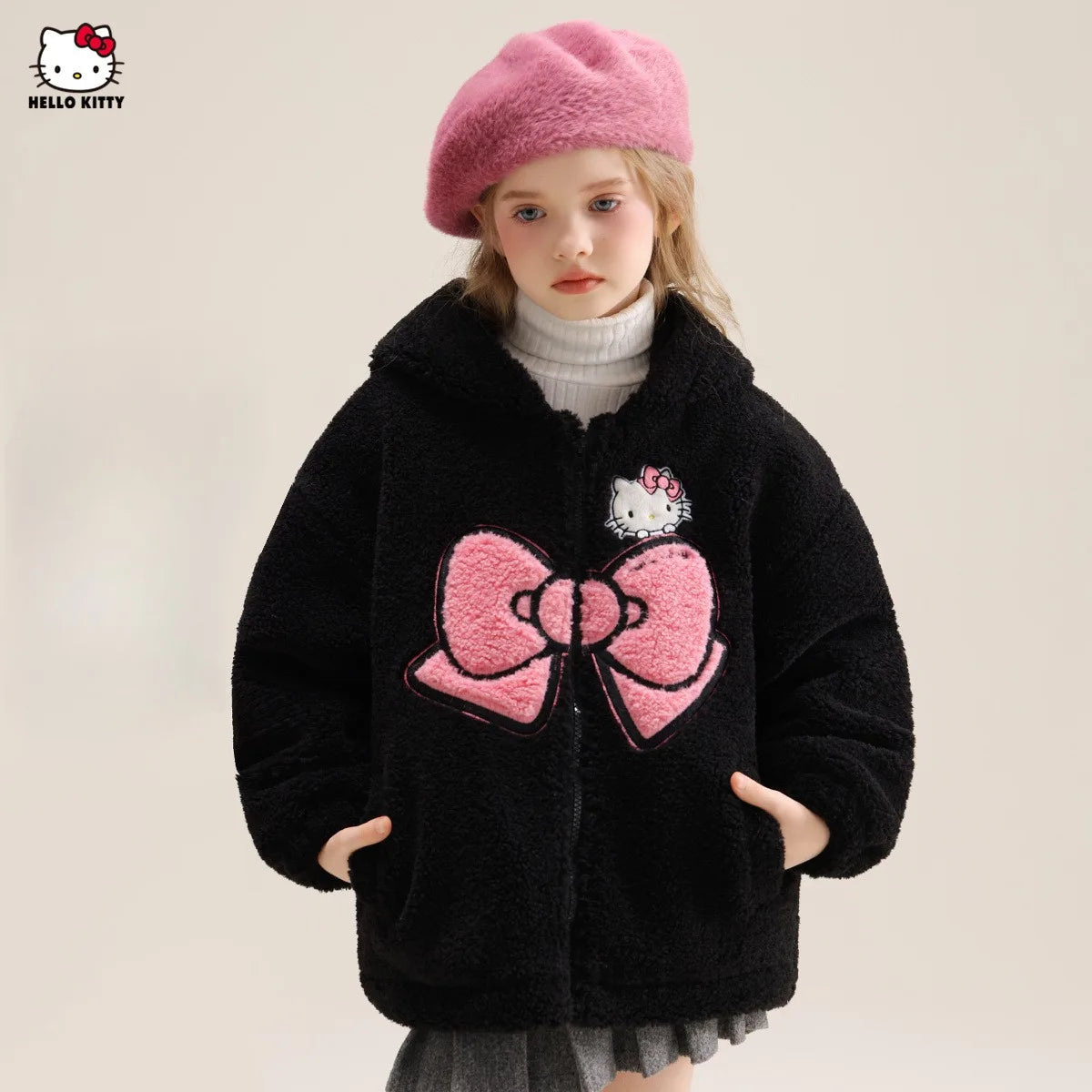 Sanrio Hello Kitty Girls' Thickened Fleece Jacket with Butterfly Design, Autumn and Winter Warm Loose Style - Versatile and Vers