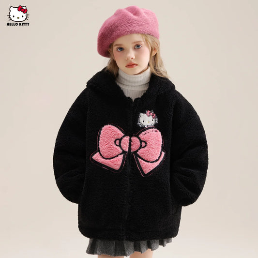 Sanrio Hello Kitty Girls' Thickened Fleece Jacket with Butterfly Design, Autumn and Winter Warm Loose Style - Versatile and Vers