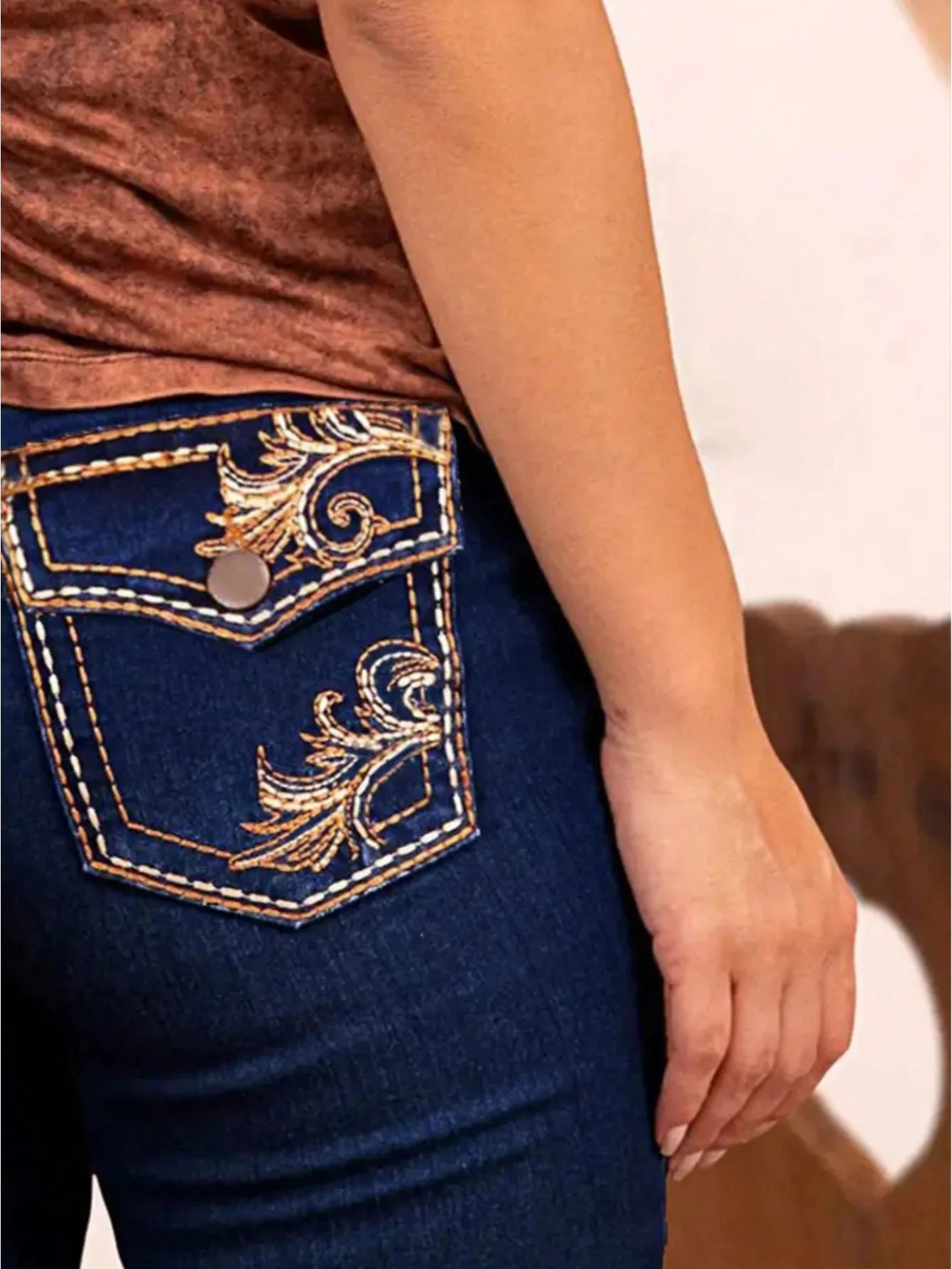 【HME】Exquisite Embroidery On Pockets & Leg, Stretch & Comfortable Ladies Country Outfit, Western Wear Women Vintage Jeans
