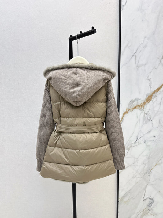 2025 Winter New Women's Down Jacket Wool Knitted Splicing Hooded Down Jacket Wool Knitted Fabric 90% White Duck Down Lining