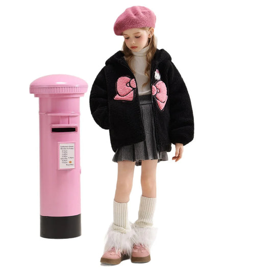 Sanrio Hello Kitty Girls' Thickened Fleece Jacket with Butterfly Design, Autumn and Winter Warm Loose Style - Versatile and Vers