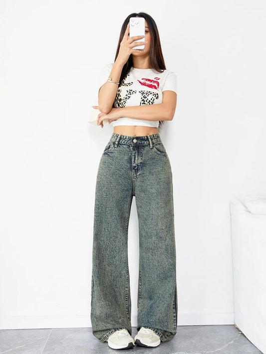 High Waist Plus Size Wide Leg Loose Fit Denim Jeans for Women Y2K Streetwear Vintage Casual Aesthetic Baggy Pants Outfit