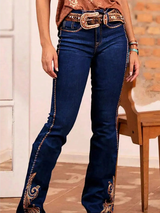 【HME】Exquisite Embroidery On Pockets & Leg, Stretch & Comfortable Ladies Country Outfit, Western Wear Women Vintage Jeans
