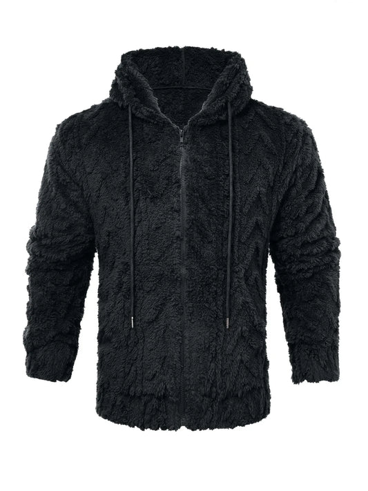 Men's letter drawstring hooded teddy bear jacket, jacquard velvet fabric is soft and comfortable, double pocket design