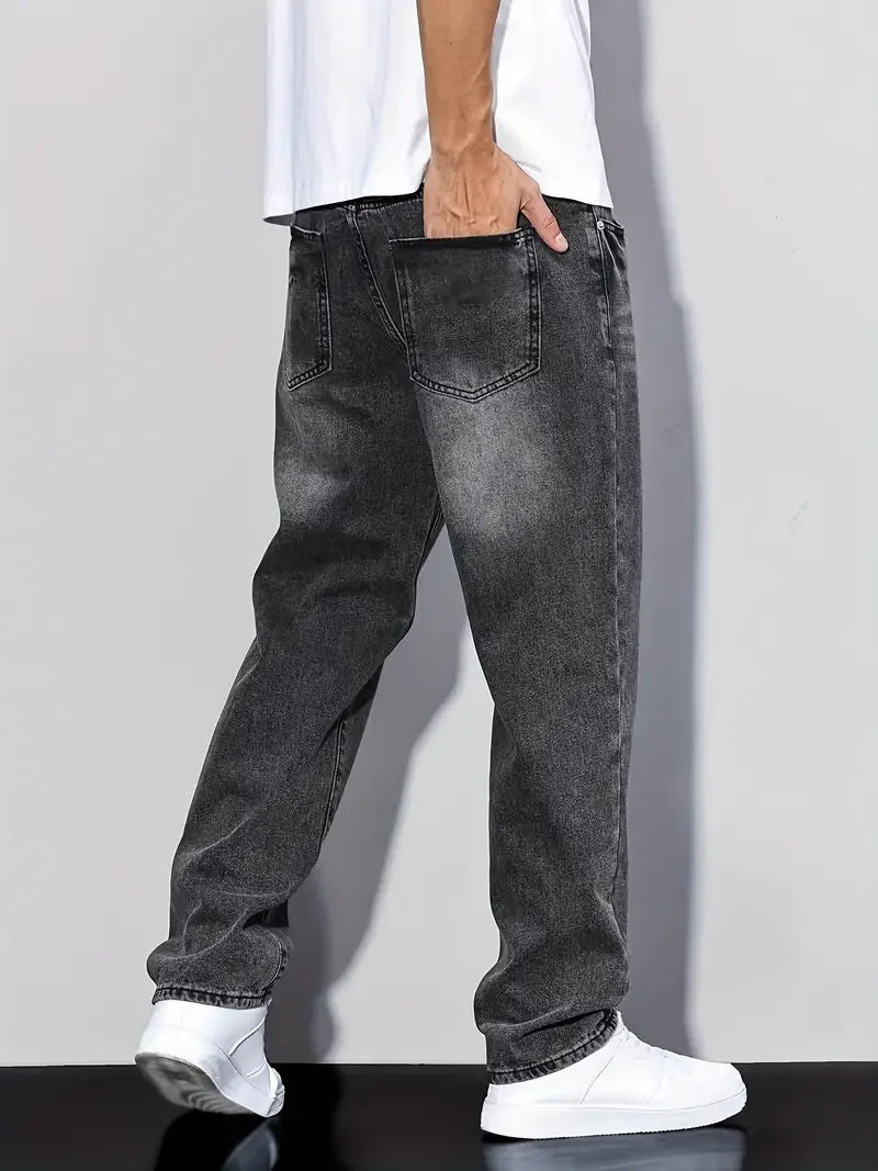 Men's Classic Straight Leg Jeans - 65% Cotton 35% Polyester Blend, 380gsm Heavyweight, Machine Washable, Regular Fit, All-Season