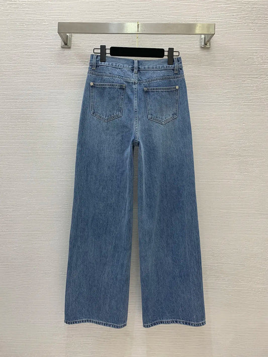 New Rivet Patchwork Straight Leg Wide Leg Jeans Fashion Casual Slim Pants Women
