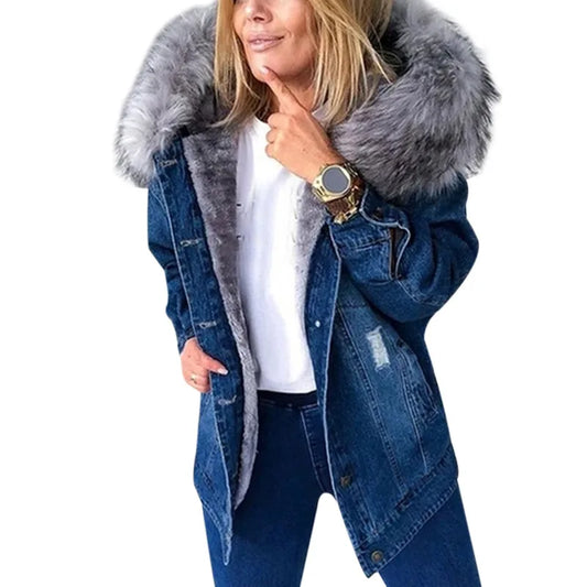2024 Women Winter Denim Jackets Coat Fashion Plush Collar Warm Retro Fleece Lined Coat Women Chaquetas De Mezclilla Para Mujer
