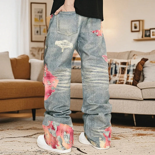 Men s Distressed Patchwork Denim Jeans with Pockets for Spring and Fall Fashion Casual Wear