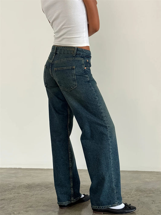 New women's solid-color washed straight-leg jeans, low-waisted, simple, versatile, fashionable, comfortable and loose for goin