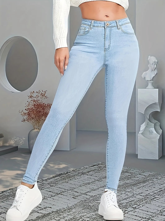 Women's High Waisted Elastic Slim Fit Jeans Slanted Pockets Washed Blue High-Quality Comfortable Fit Suitable for Daily Wea