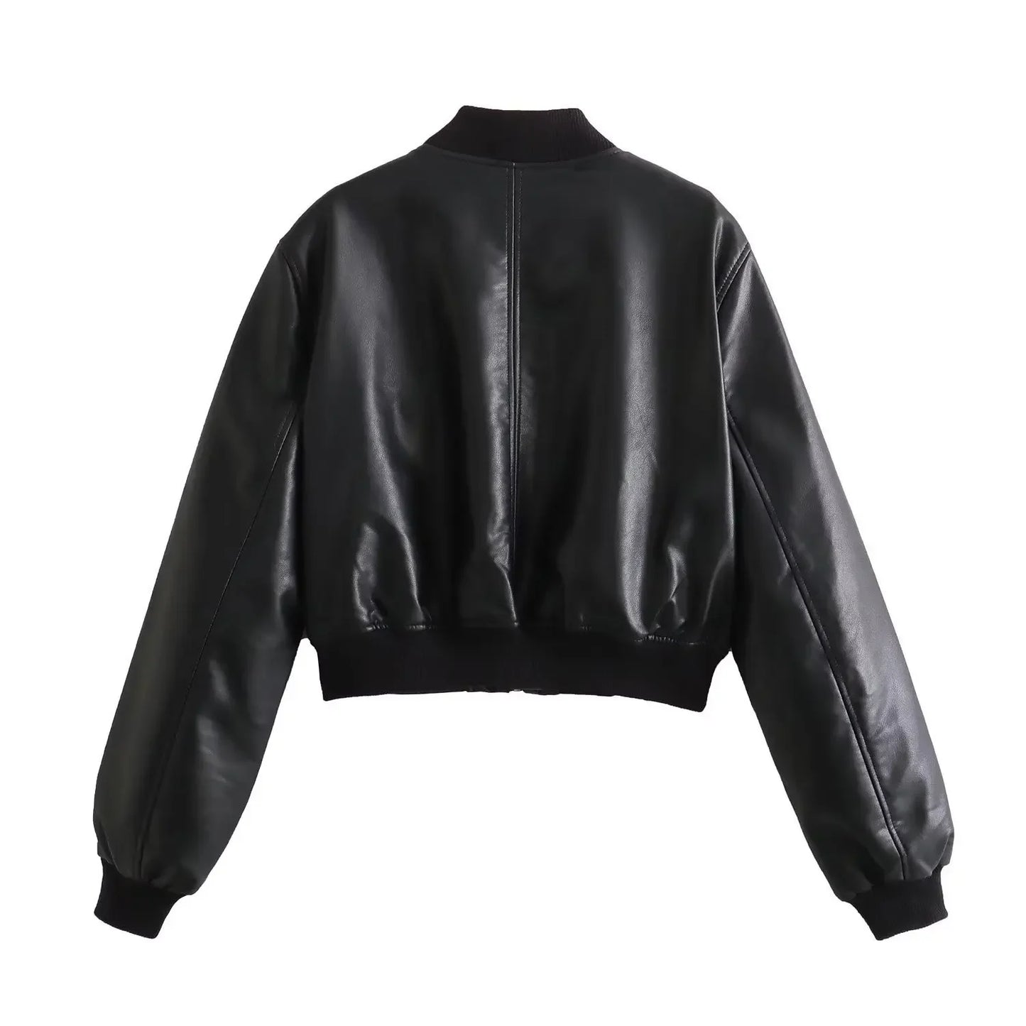 2025 Women's PU Black Zippered Long Sleeve O-Neck Casual Motorcycle Jacket Chic round Neck Tops
