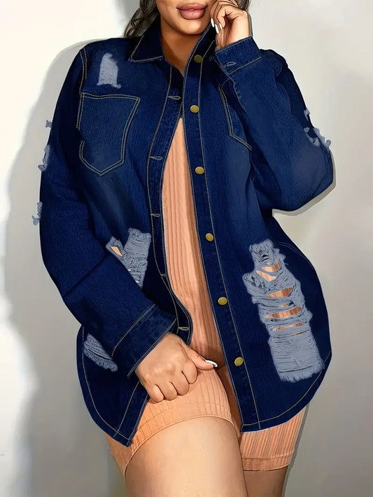 Women Solid Color Stylish Button-down Denim Shirt Ripped Pocket Long-sleeved Denim Top