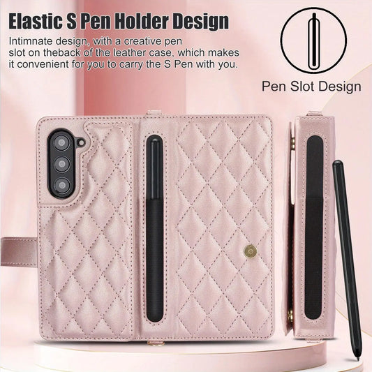 PU Leather Flip Wallet Case For Samsung Galaxy Z Fold 6 5 4 3 5G With Holder Crossbody Wrist Strap Card Slot Stand Phone Cover