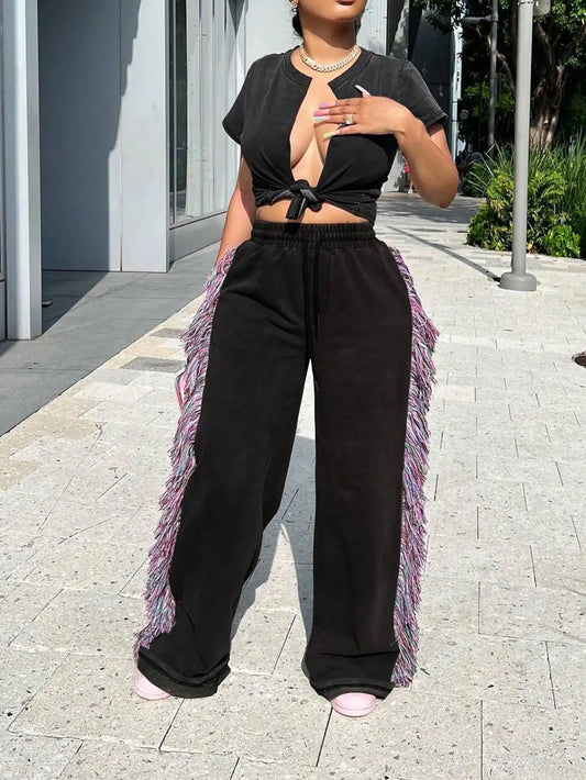 Women's Casual High Waist Fringe Tassel Pants - Drawstring Elastic Waist Long Sweatpants (Streetwear, New Year Warm Thermal)