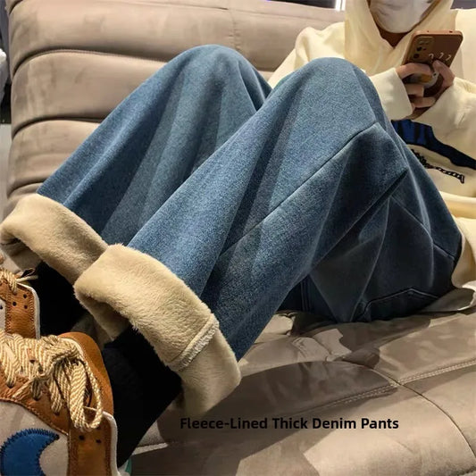 Thiened Fce Lined Thi High Waist Loose Fits Jeans Womens Winter Straight Leg Wide Leg Trousers Wear Resistd Denimcloth...