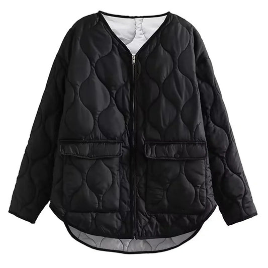 Women's Solid Winter Jacket V Neck Zipper Long Sleeve Cotton Down Coat For Women Versatile Wolfeel Quilted Jacket For Women