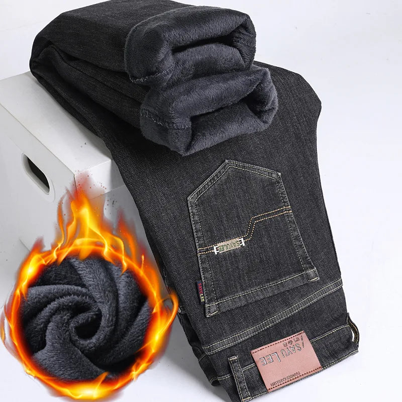 Plus Size Men Winter Straight Jeans 50-150KG Fleece-lined Black Stretch Casual Pants Business Baggy Denim Trousers Male Clothing