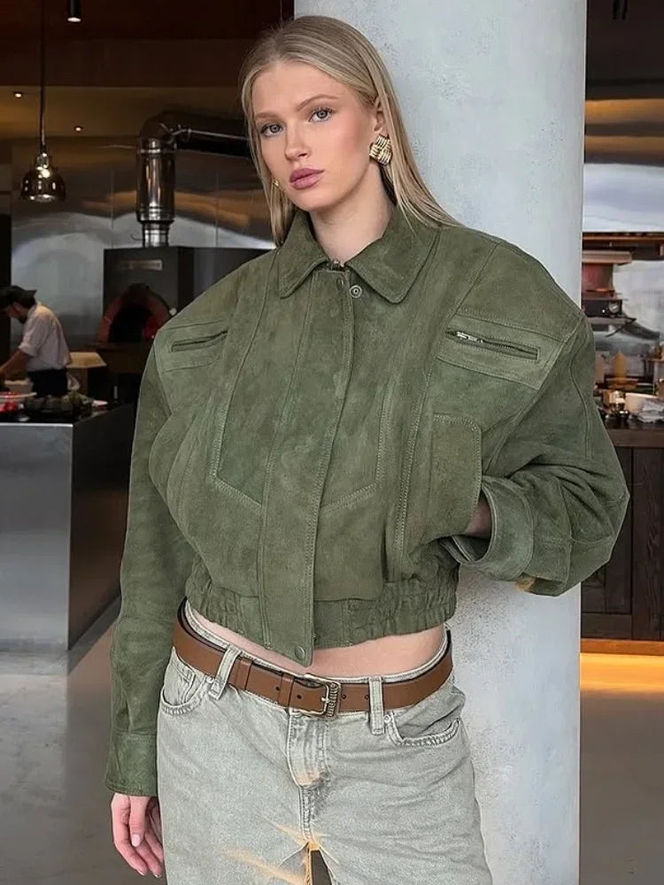 Women Camel Cropped Suede Jacket Elegant Lapel Full Sleeve Pocket Zipper Short Coat New Causal Autumn Lady Daily Streetwear 2025