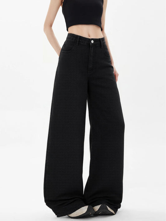 Women's Loose-Fit Black Slimming Washed Denim Pants – Stylish Straight-Leg Wide-Baggy Jeans for Girls