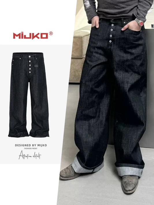 MIJKO High Street Cleanfit Drak Blue Jeans for Men and Women Straight Vintage Casual Denim Trousers ZJ089