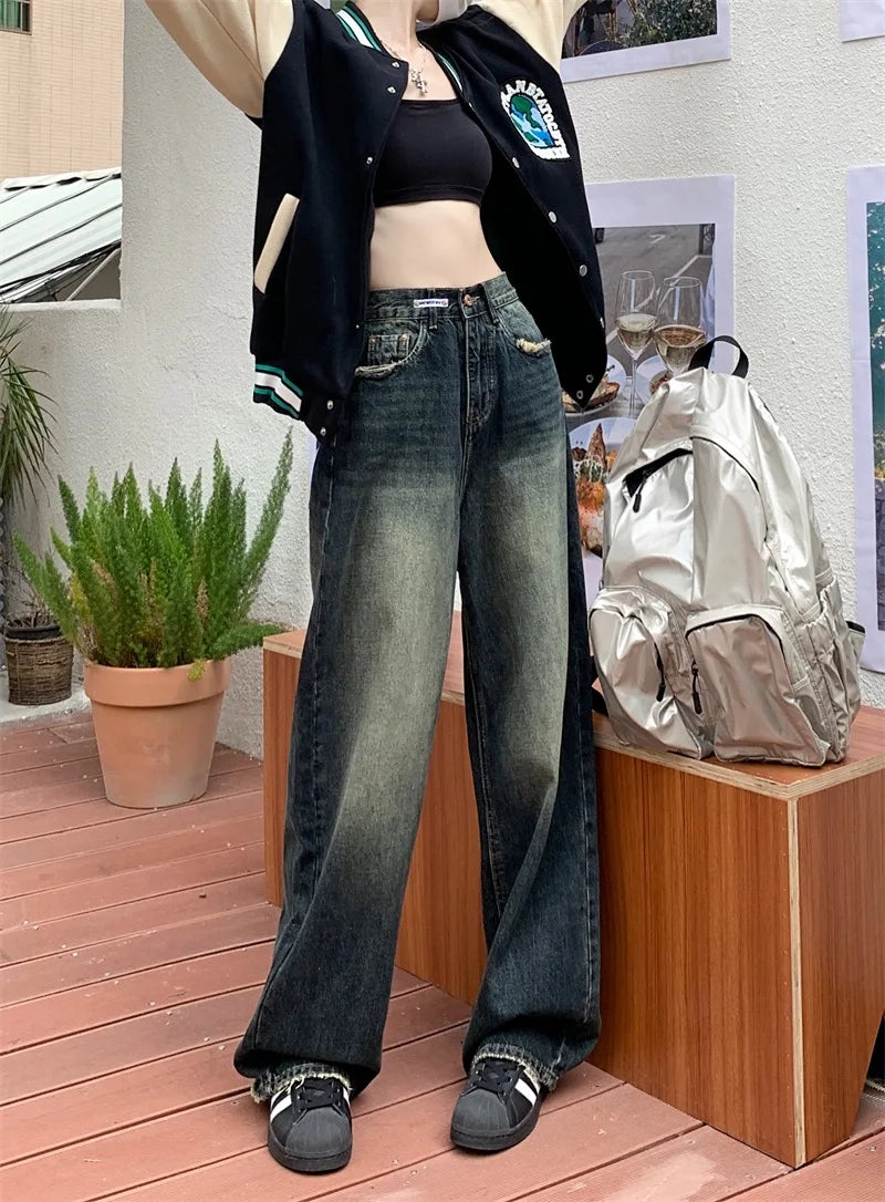 Women's Harajuku Style Loose Wide Leg Jeans Autumn Winter Street Fashion Retro Straight Loose Denim Trousers 