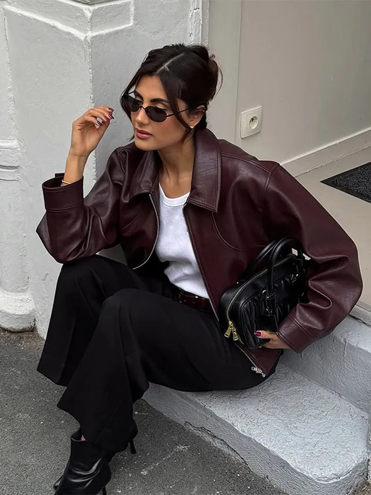 Ladies' burgundy PU leather short jacket fashionable autumn lapel jacket zipper high street loose leather jacket