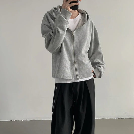 Autumn Korean Fashion Zip Hooded Sweatshirts Men Long Sleeve Y2K Vintage Hoodies Basic Crop Tops Loose Streetwear Hoody Jacket