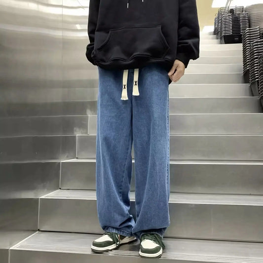 Men Fashion Korean Version Student Casual Jeans Men High Street Straight Leg Pants elastic waistband Vintage Wide Leg Trousers