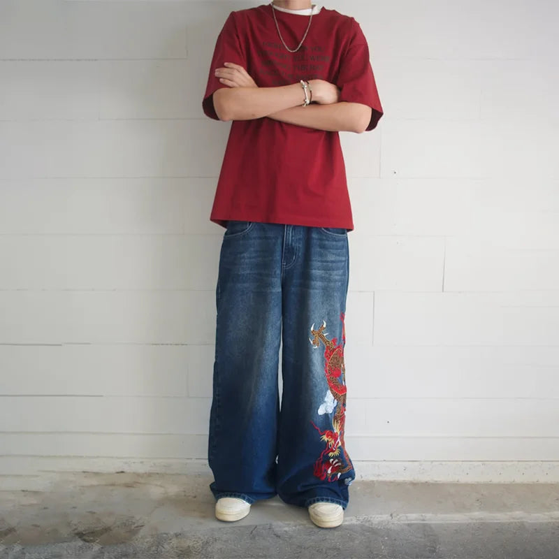 Dragon Graffiti Embroidery Dark Blue Loose Wide Leg Distressed Jeans Y2K High Waist Men Women Vintage Casual Daily Streetwear