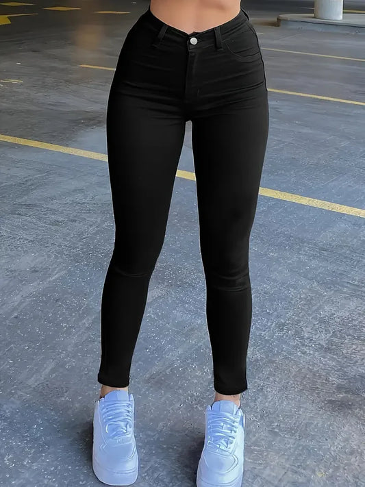 Women Simple Slim Wash Casual Style Jeans Zipper Button Closed Denim Pants