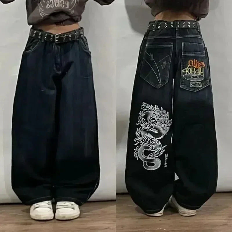 Y2K Street New Skull Embroidered Jeans American Fashion Trendy Retro Pants Men Hip Hop Gothic Harajuku Punk Loose Wide Leg Pants