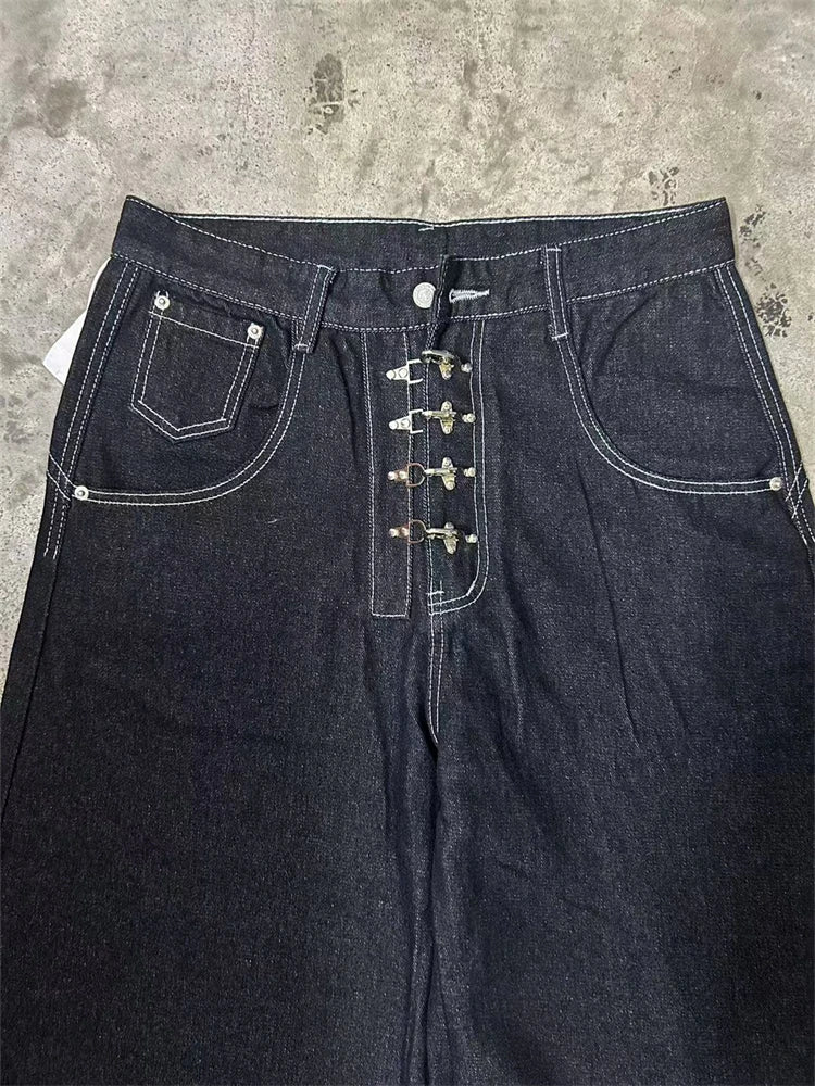 Women’s Metal Buckle Design Curved Wide-leg Jeans High Waist Straight Baggy Denim Pants Female Vintage Street Style Trouser