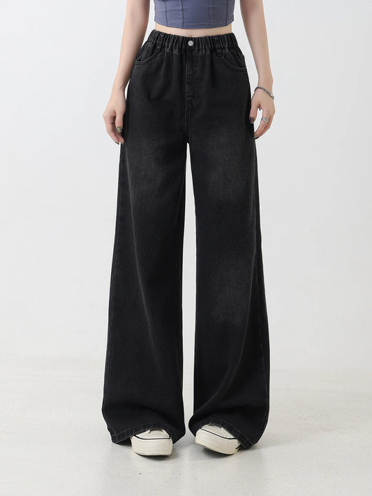 Preppy Style Versatile Black Washed Jeans for Girls – Vintage Loose Fit Straight-Leg Wide Pants, Trendy & Chic
