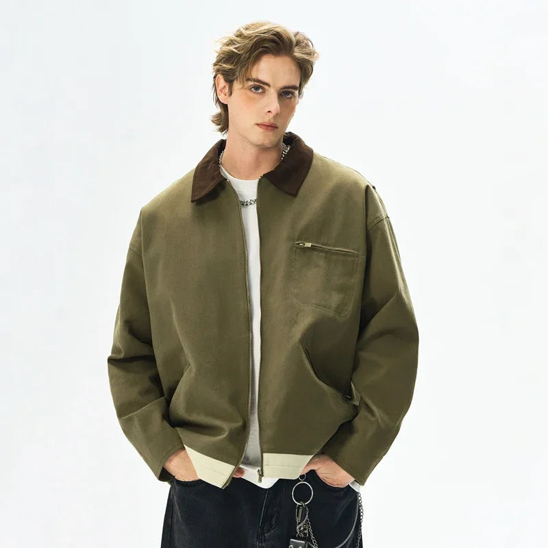 Men's Retro Canvas Detroit Hunting Jacket Heavyweight Pocket Cotton Work Jackets Lapel Collar Zipper Coats for Men Spring Fall