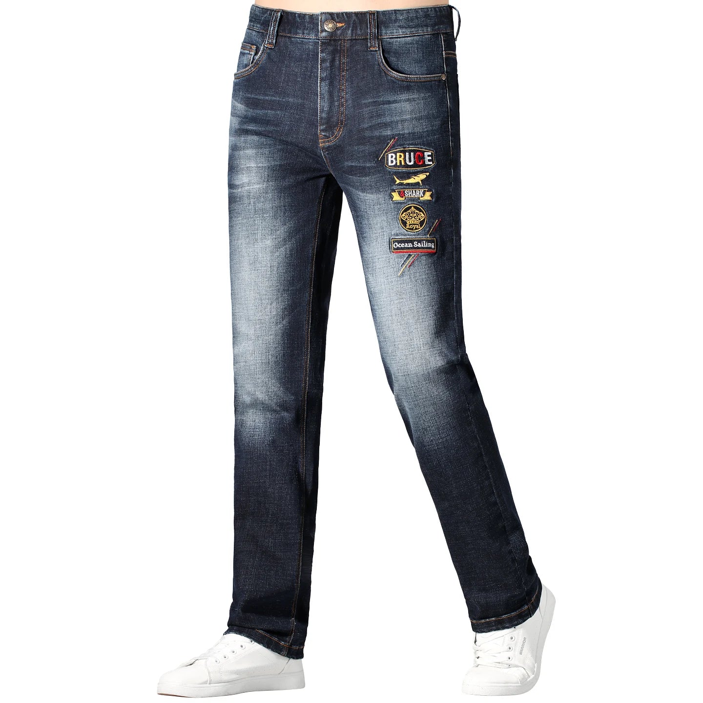 2025 Stretch Men's Jeans, New Trend Embroidered Blue Jeans, Bruce&Shark Loose Straight Leg Jeans For Man, Thick Cotton Big Size