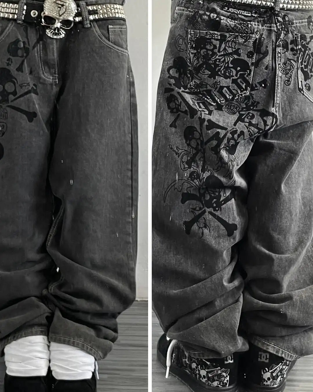 Y2K Street New Skull Embroidered Jeans American Fashion Trendy Retro Pants Men Hip Hop Gothic Harajuku Punk Loose Wide Leg Pants