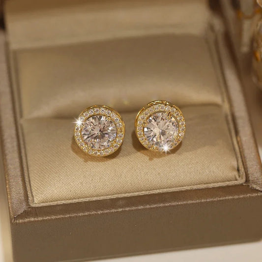 Luxury White Zircon Stud Earrings – Gold Round Vintage Wedding Jewelry for Women