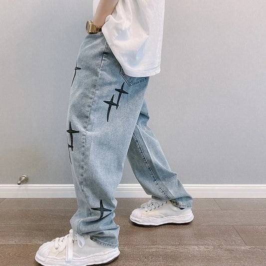 New Baggy Men's Jeans Embroidery Fashion Loose Denim Pants Streetwear Hip Hop Straight Wide Leg Trousers Casual Men Clothing