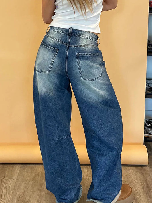 Women s Vintage High Waist Wide Leg Jeans Pants Retro Washed Blue Loose Barrel Denim Trousers for Spring