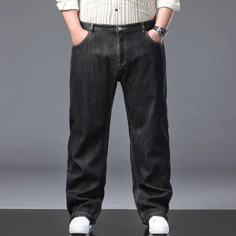 Plus Size Men Winter Straight Jeans 50-150KG Fleece-lined Black Stretch Casual Pants Business Baggy Denim Trousers Male Clothing
