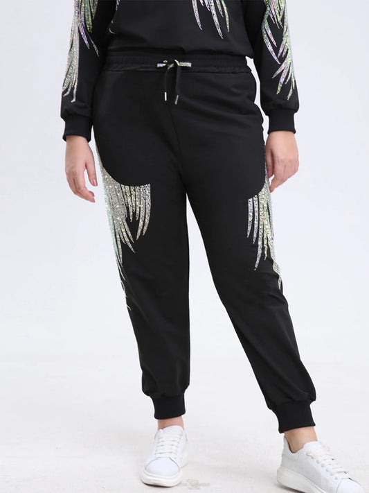 Plus Size Sweatpants for Women Drawstring Rhinestones Graphic High Waisted Joggers with Pockets Elastic Waist Casual
