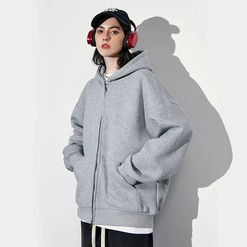 Women's Fashion Warm Hooded Jacket Fall Autumn Winter Gray Long Sleeve Pocket Double Zipper Jacket Commuter Casual Women Jacket