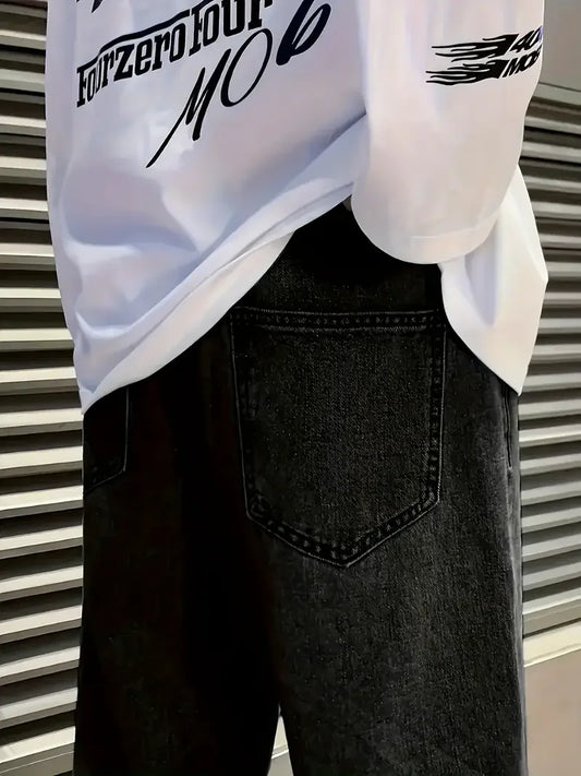 Men's Loose Fit Straight Leg Jeans - 65% Cotton 35% Polyester Blend, Dark Gray Casual Washed Jeans, 390gsm Heavyweight Fabric, A