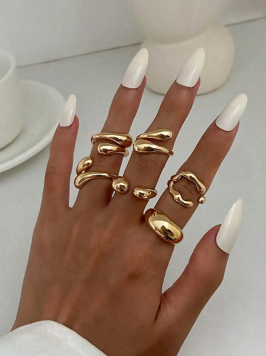 6pcs Vintage Minimalist Molten Lava Teardrop Open Rings – Asymmetrical Gold Tone Fashion Rings