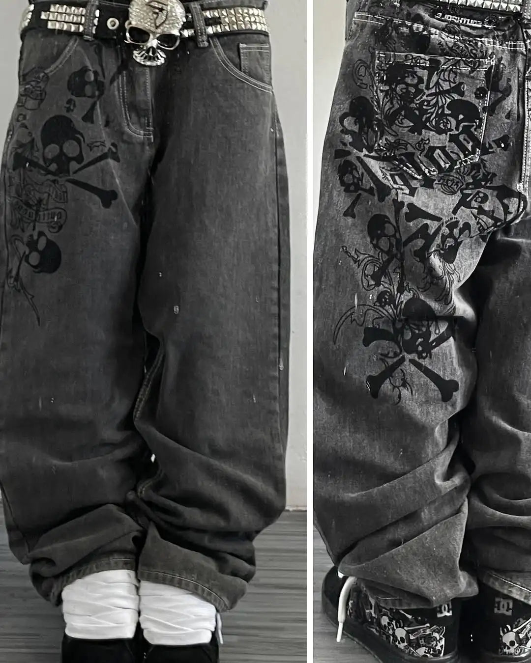 Y2K Street New Skull Embroidered Jeans American Fashion Trendy Retro Pants Men Hip Hop Gothic Harajuku Punk Loose Wide Leg Pants