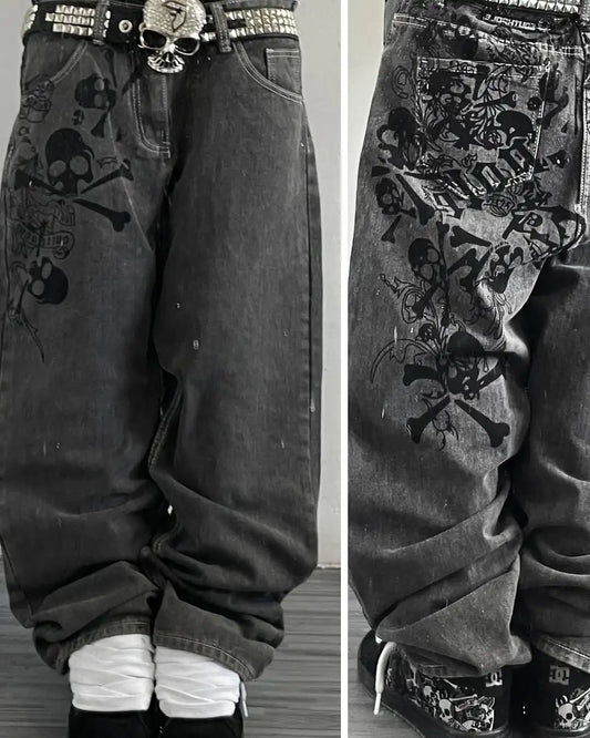Y2K Street New Skull Embroidered Jeans American Fashion Trendy Retro Pants Men Hip Hop Gothic Harajuku Punk Loose Wide Leg Pants
