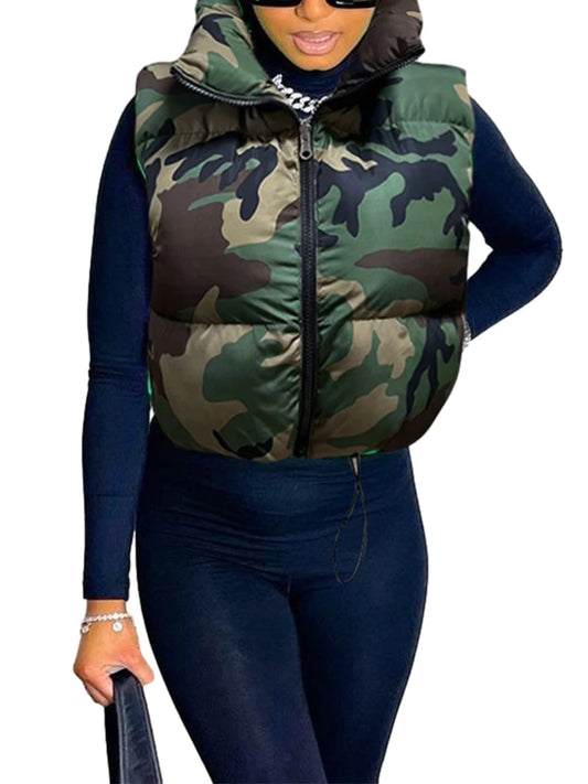 Women Winter Vest Sleeveless Jacket Stand Collar Zipper Closure Solid Color Puffer Vest Outwear with Pockets and Hood
