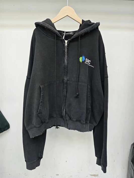 Retro Black PROJECT G/R Zipper Hoodie Wear Out Loose Casual Men's