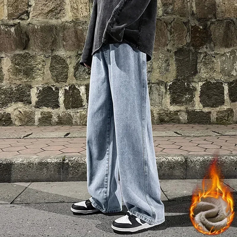 Winter Fleece Loose Jeans,  Loose Straight Velvet Warm and Comfortable Elastic Waist Wide Leg Pants Brand Men's Clothing