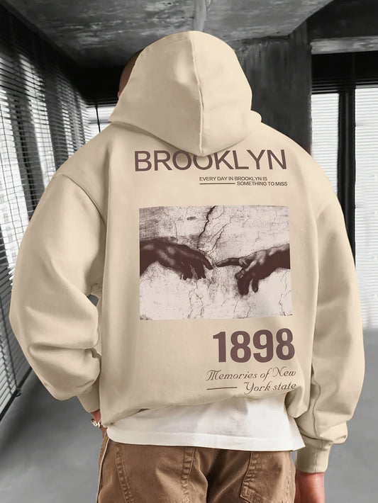 Men's Vintage Brooklyn 1898 Graphic Hoodie - Loose Fit Sweatshirt with Kangaroo Pockets, Heavyweight Casual Streetwear Pullover